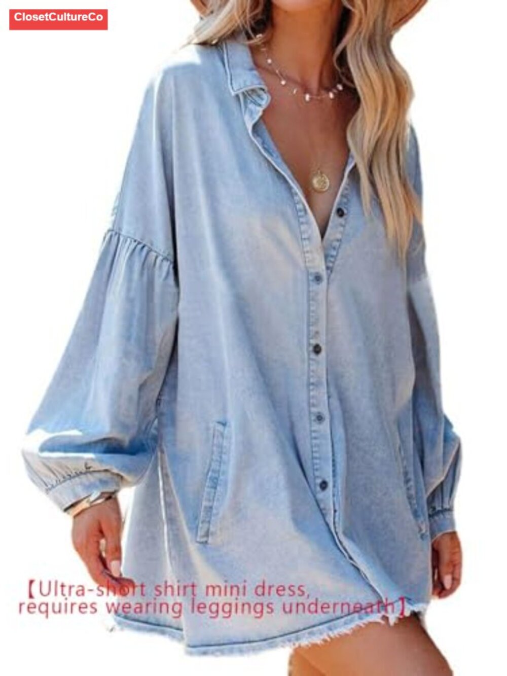 Oversized Distressed Denim Button Down Tunic Mini Dress with Pockets - Picture 3 of 6